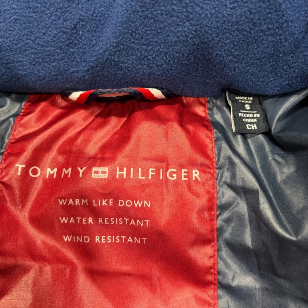 Tommy Hilfiger Mens Blue Puffer Jacket Hooded Water Resistant Size S